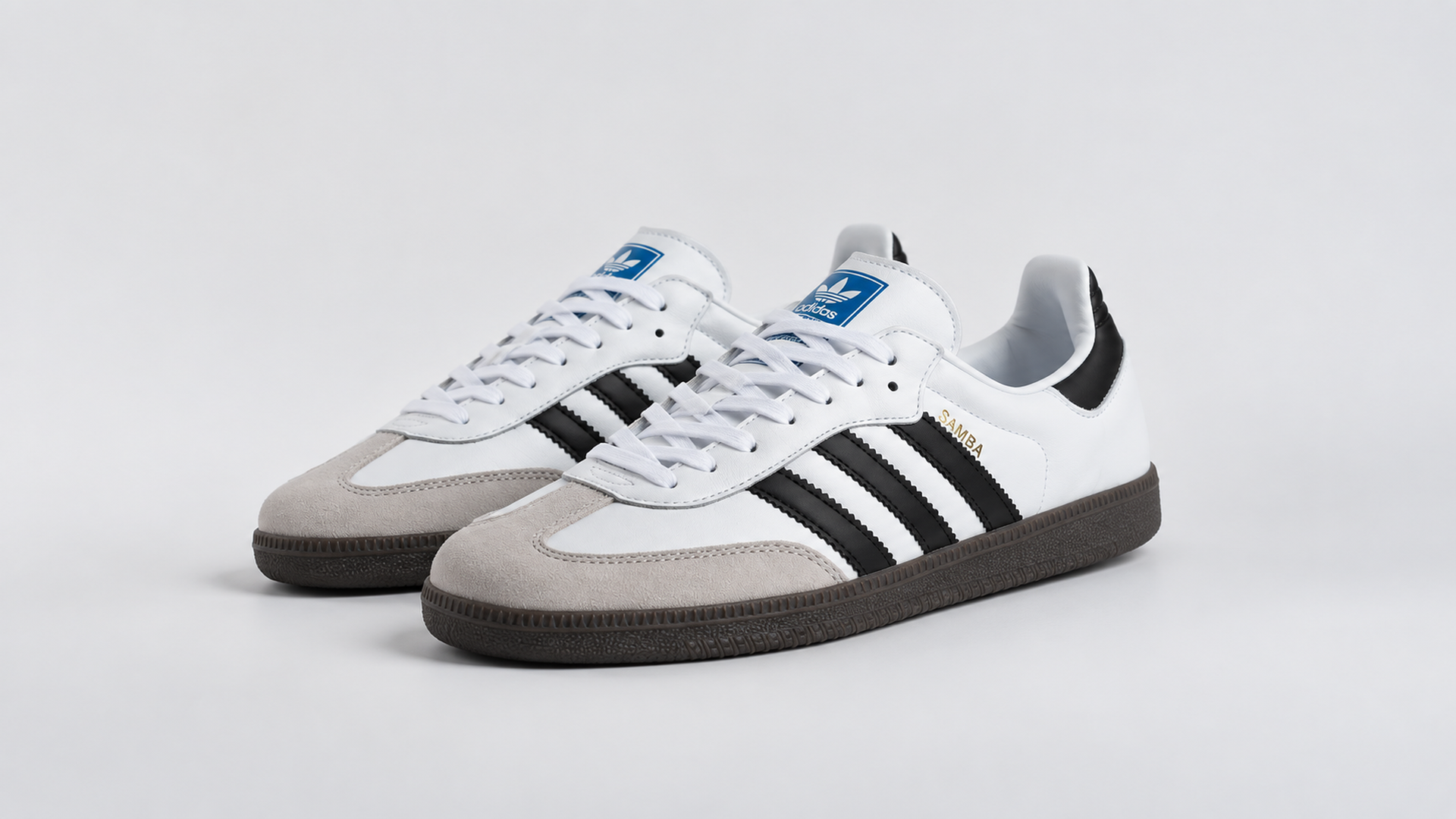 Белые Adidas Samba OG 34124 с чёрными полосами и замшевым T-образным носком