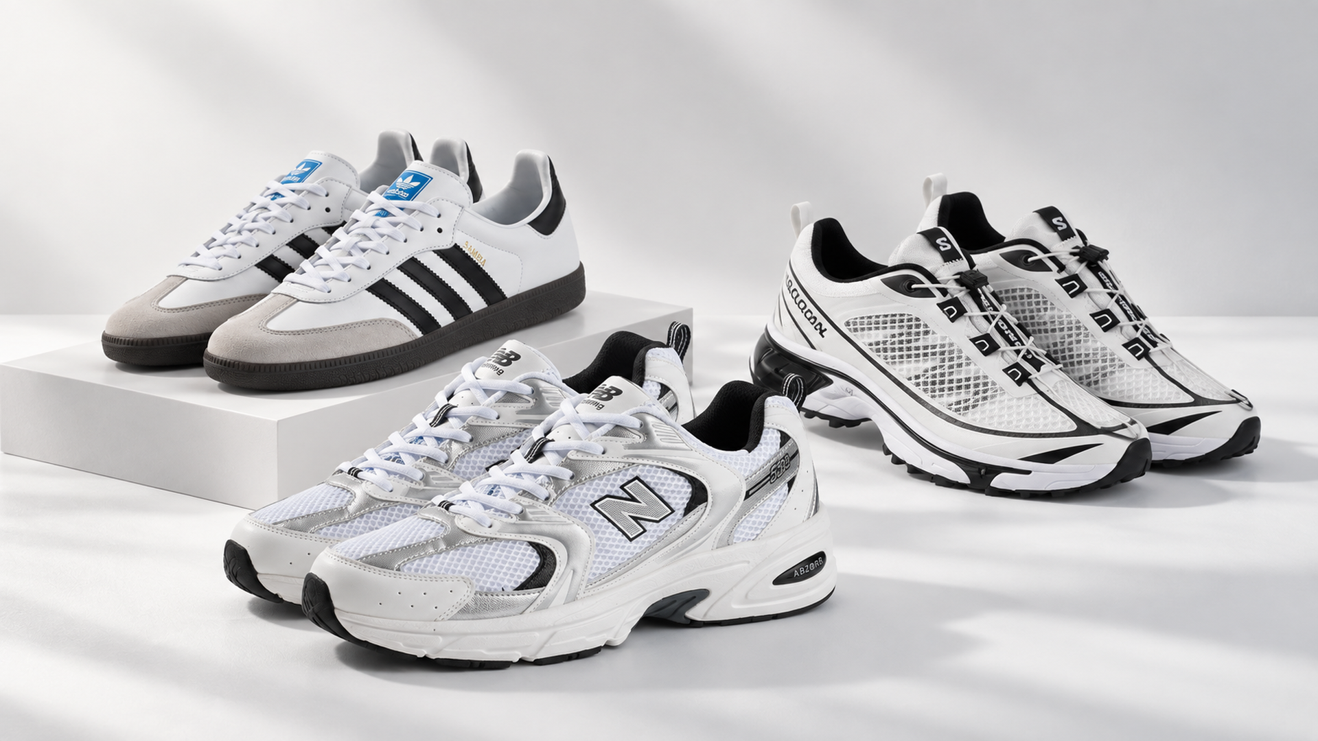 Белые кроссовки разных силуэтов: Adidas Samba OG, New Balance 530 и Salomon XT-6 ADV