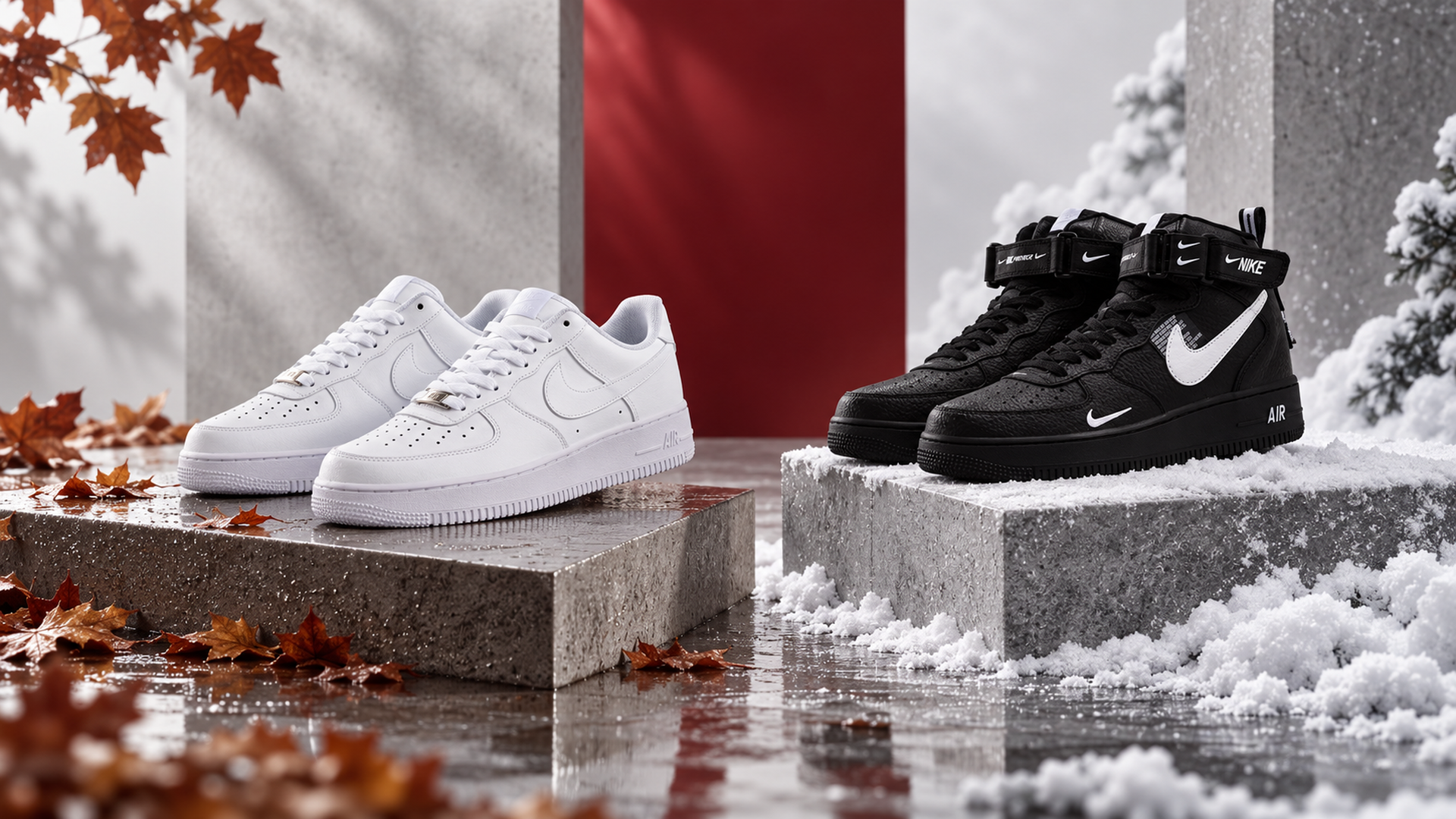 Nike Air Force 1 Low арт. 928 и Nike Air Force 1 07 Mid LV8 арт. 17113 в демисезонном и зимнем контексте